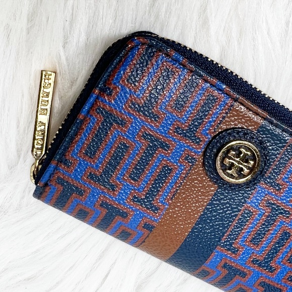 Tory Burch Blue Tan Leather T Logo Print Mini Key Card Wallet - Picture 3 of 7